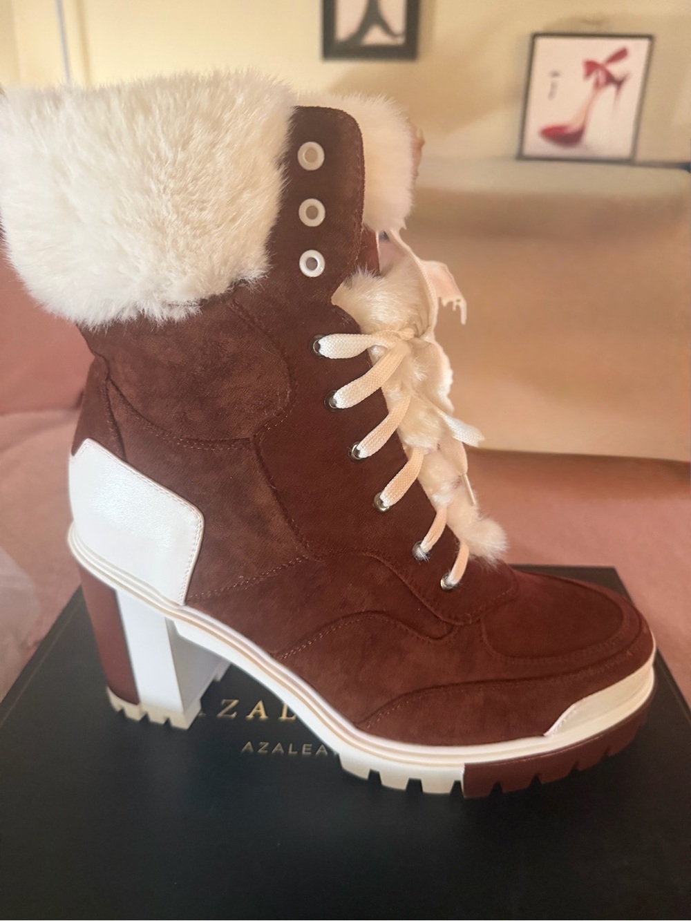 Azalea Brown Suede Fur-Trim Lace-Up Ankle Boots for Women